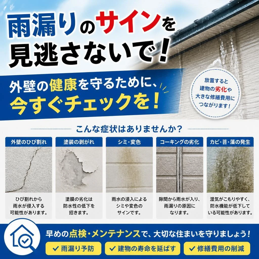 雨漏りのサインを見逃さないで！外壁の健康を守るために、今すぐチェックを！