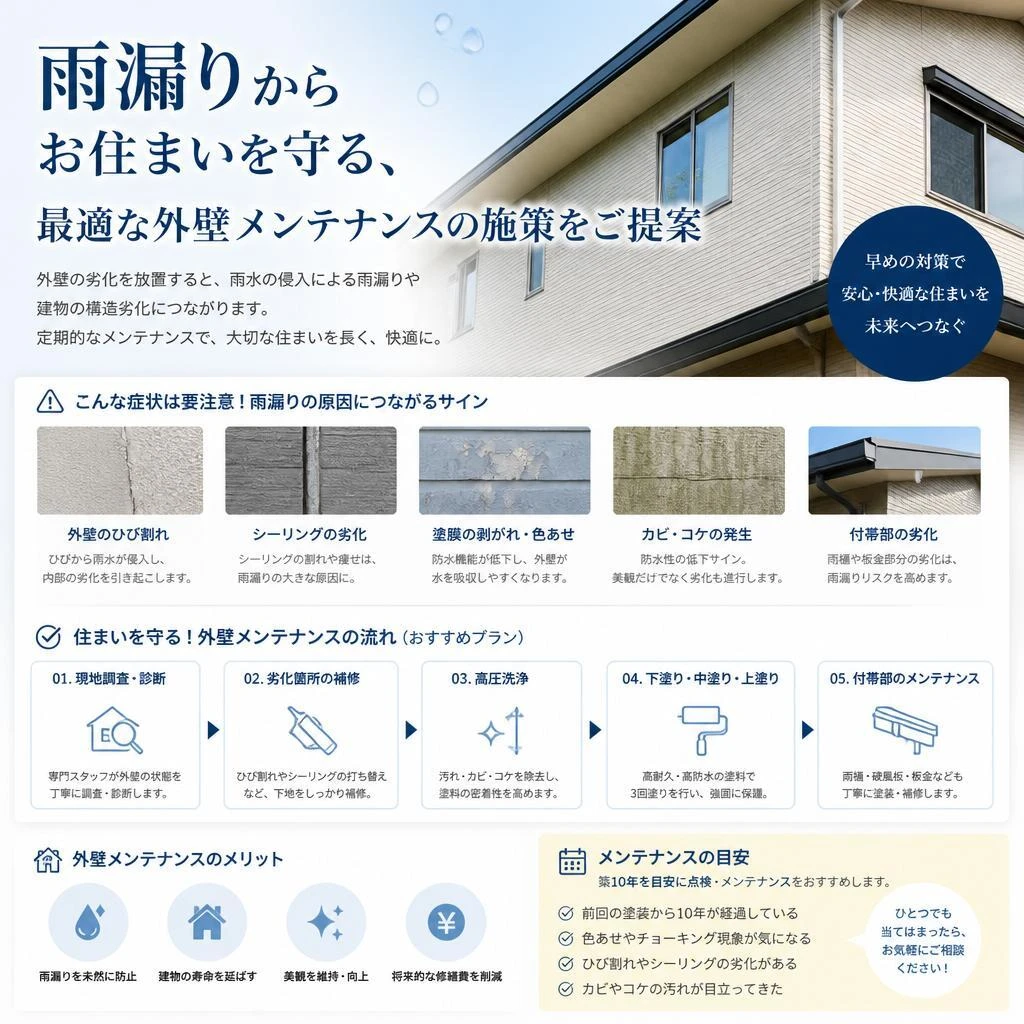 雨漏りからお住まいを守る、最適な外壁メンテナンスの施策をご提案