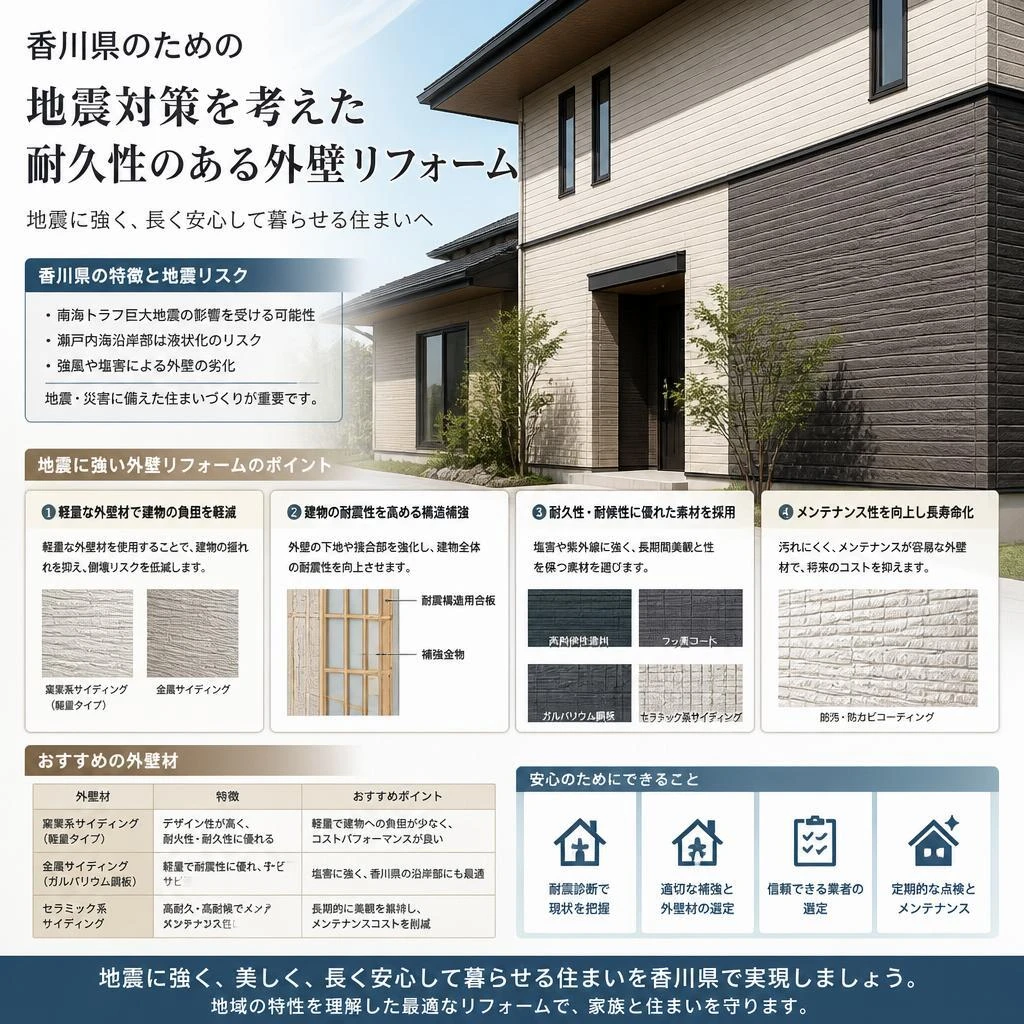 香川県のための地震対策を考えた耐久性のある外壁リフォーム