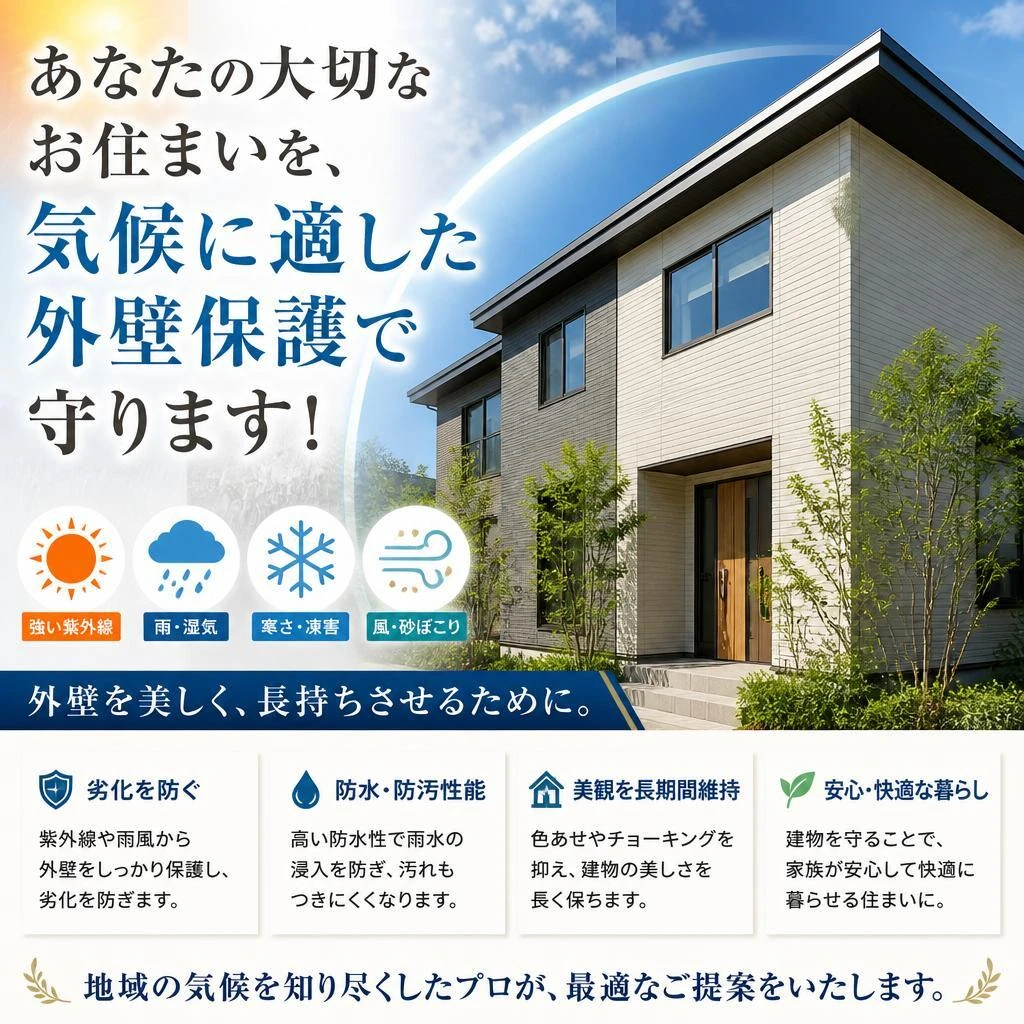 あなたの大切なお住まいを、気候に適した外壁保護で守ります！